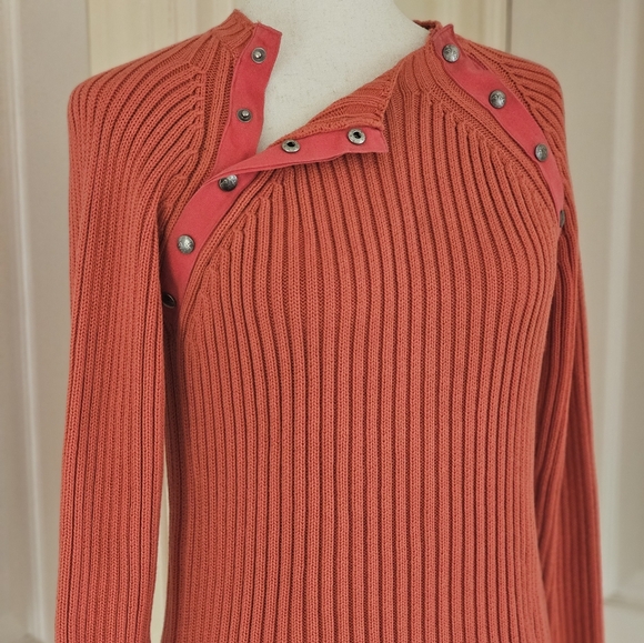 Armani Exchange Y2K Coral-Orange Ribbed Snap Button Sweater Cotton Knit Top S - Picture 1 of 8